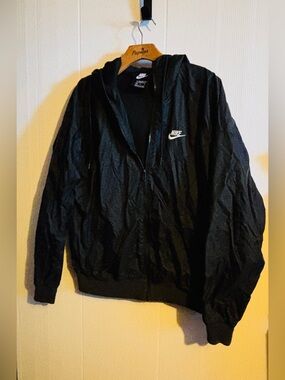Nike Black Hooded Windbreaker Jacket with White Swoosh